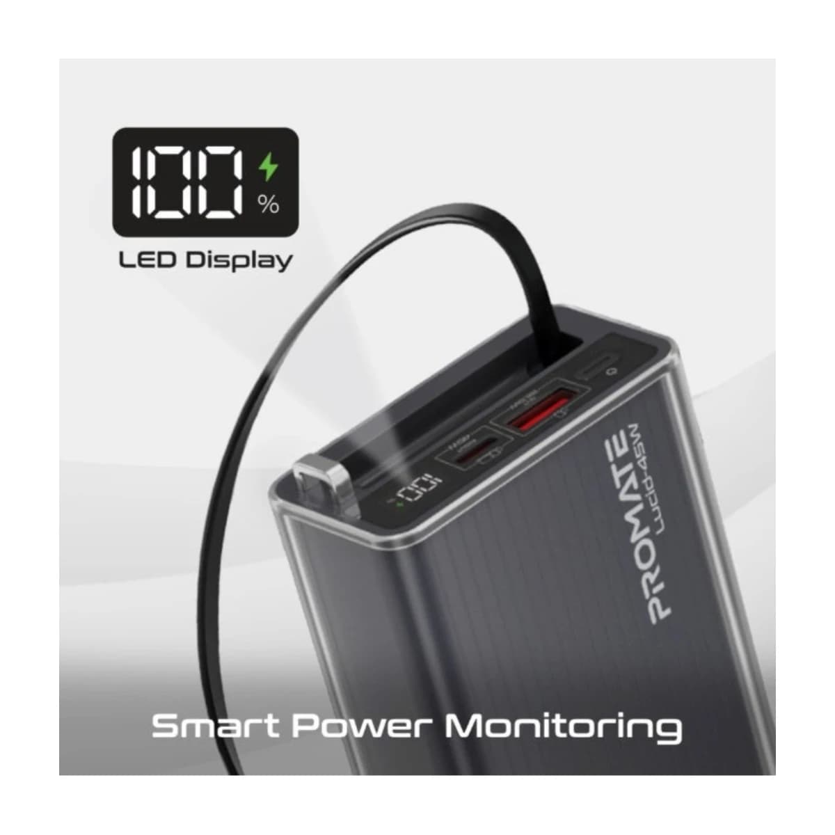 Promate 20000mAh Power Bank Lucid-45W with 45W USB-C PD Fast Charging, Retractable USB-C Cable, LED Digital Display, Triple Device Charging for iPhone, Galaxy, iPad & more - Thumbnail Angle 3 | Elmougi Store UAE