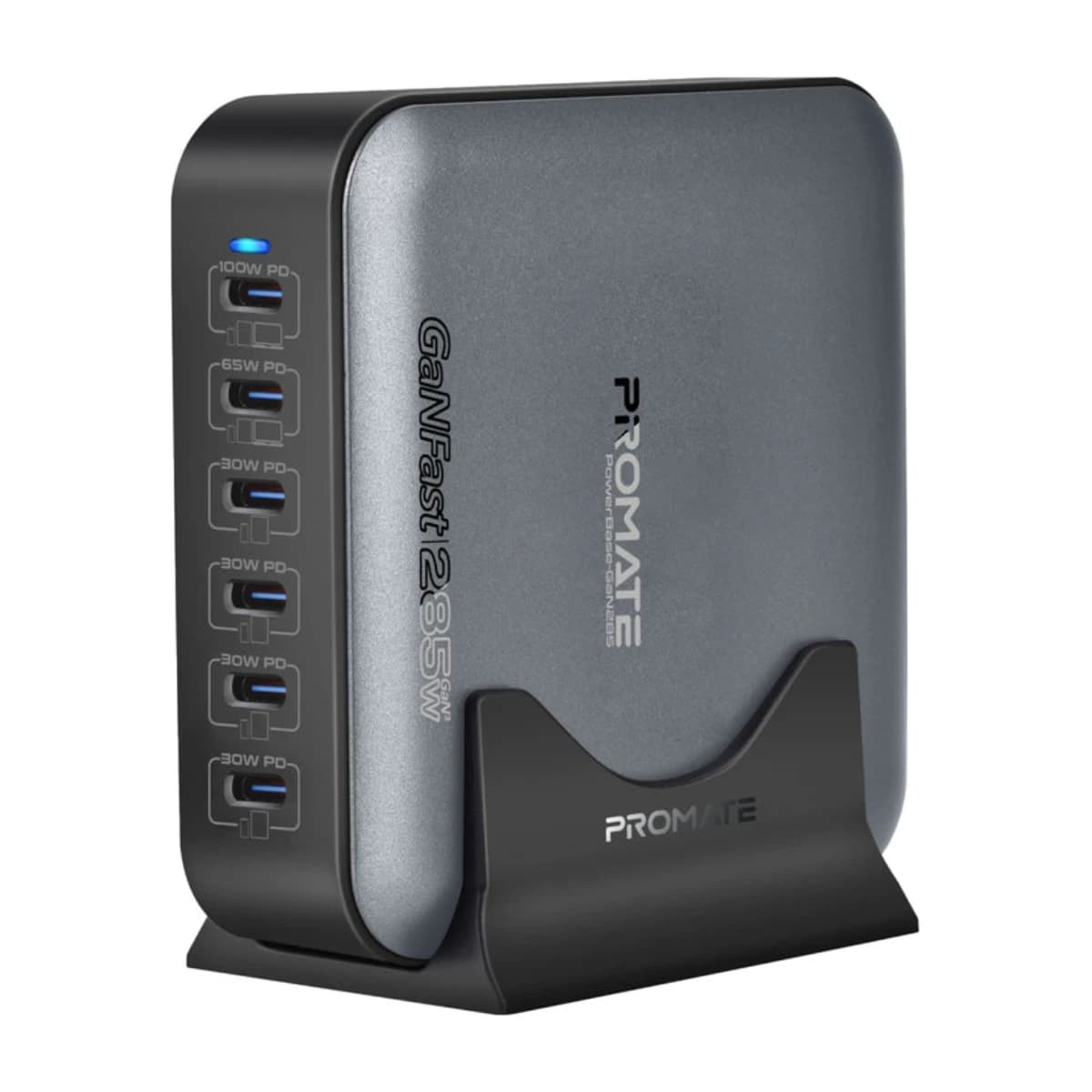 Promate Powerbase Gan285 285W GAN Charging Station 6 Port USB-C Desktop Charger with Pps 100W 65W 30W Outputs Overheat Protection Stand and 1 5m Cable for Macbook iPhone Galaxy UK Grey - Thumbnail Angle 1 | Elmougi Store UAE