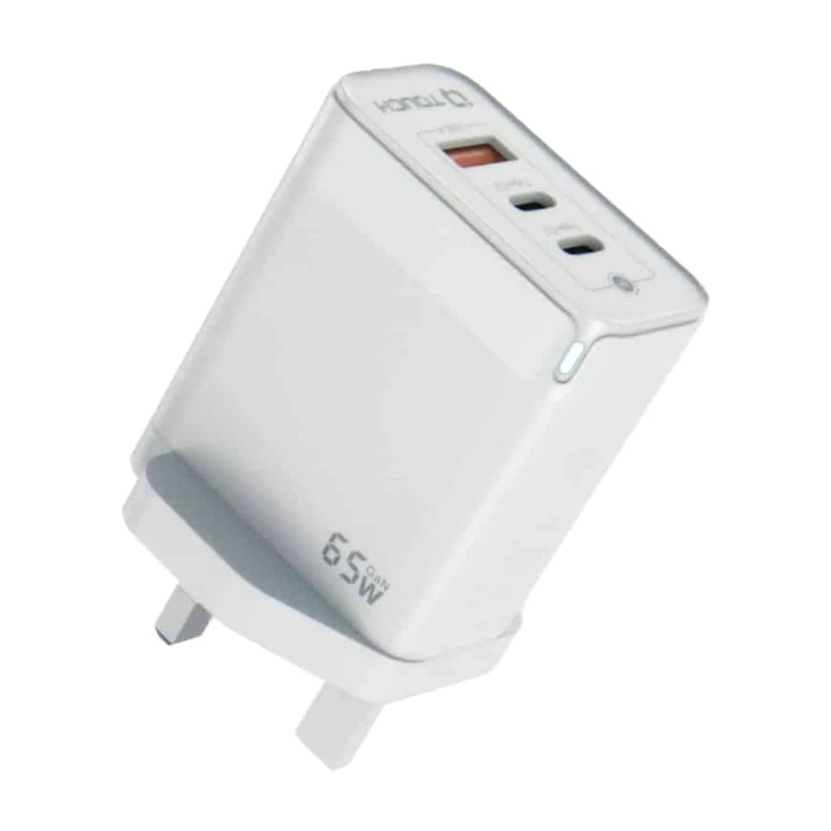 IQ TOUCH 65W Compact 3-Output GaN Charger (2x USB-C PD 65W, 1x USB-A 18W) - White - Thumbnail Angle 1 | Elmougi Store UAE