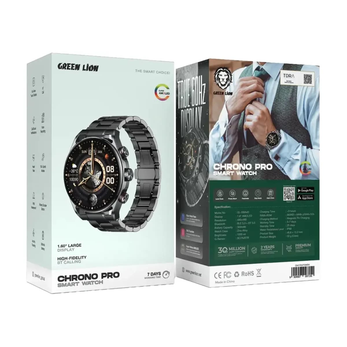 Green Lion Chrono Pro Smart Watch - Full-View Touch Display, Voice Recording, Bluetooth 5.3, Magnetic Pin Charging, 360mAh Battery, IP68 Water-Resistant, 5-7 Days Working Time, 25 Days Standby, 1GB Flash Memory - Thumbnail Angle 2 | Elmougi Store UAE