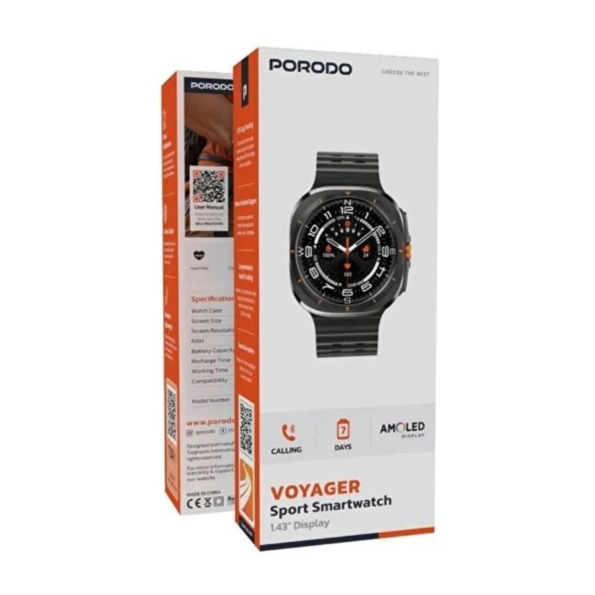 Voyager Smart Watch with 1.43" AMOLED Display, Bluetooth Calling, Built-in Compass, Rugged Zinc Alloy Design, 400mAh Battery, Up to 7 Days Runtime - Black - Thumbnail Angle 3 | Elmougi Store UAE