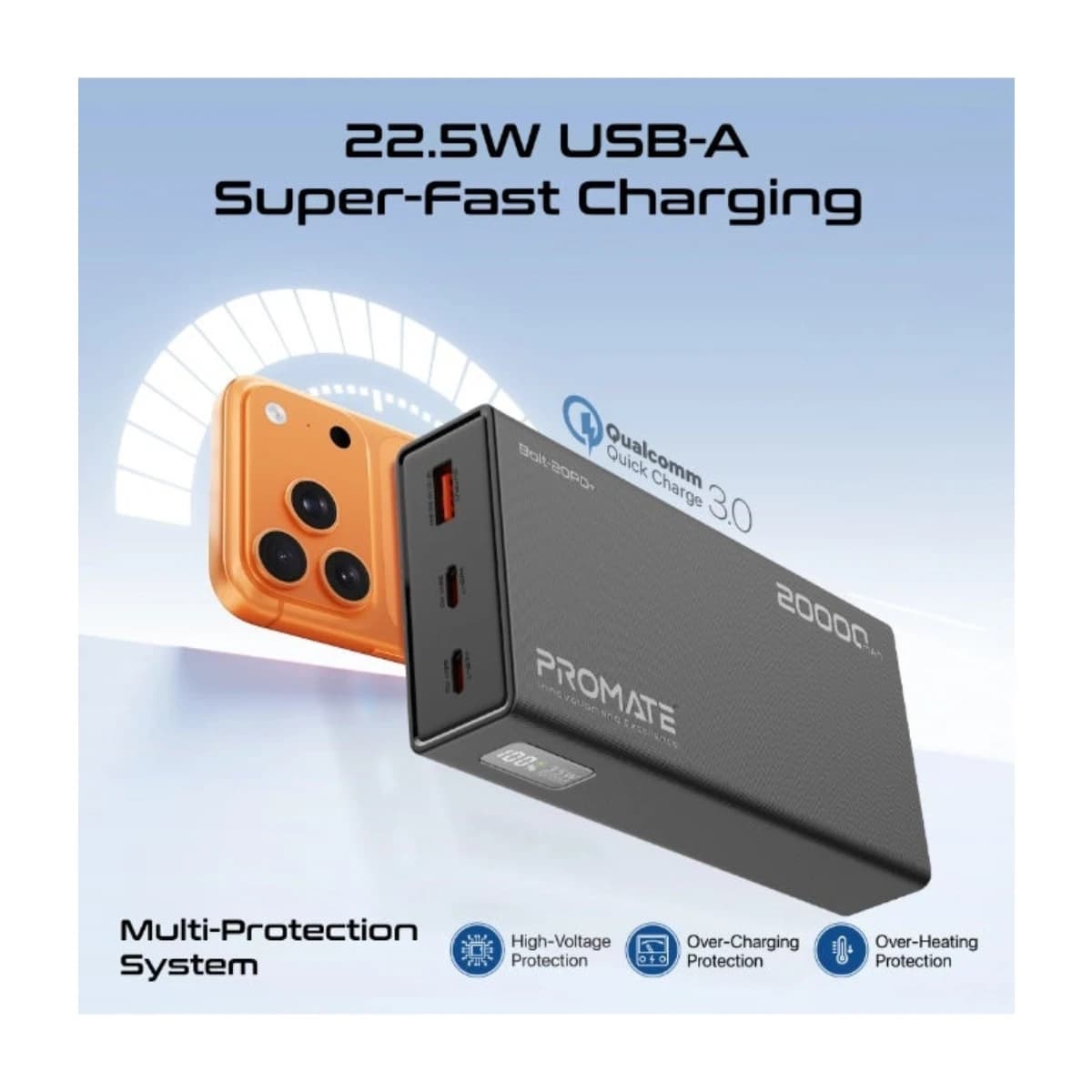 PROMATE Bolt-20PD+ 20000mAh Power Bank 35W USB-C PD Fast Charging, Dual USB-C In/Out, Triple Device Charging, LED Battery Display, Portable Travel Charger Black - Thumbnail Angle 3 | Elmougi Store UAE