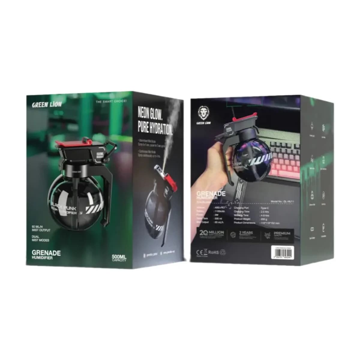 Buy Green Lion Grenade Humidifier with 500mL Tank, Dual Mist Modes, 1100mAh Battery, Type-C Charging, Quick Humidification, Cyberpunk Design, Nano Fine Mist, Quiet Operation, Black - Thumbnail Angle 2 | Elmougi Store UAE