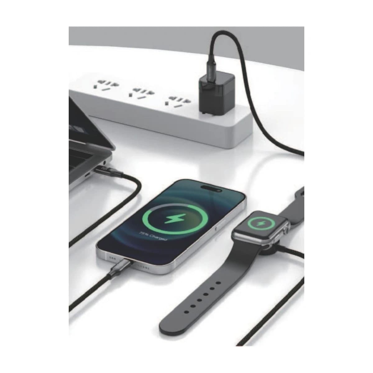 IQ TOUCH IQ TOUCH 3-in-1 Fast Charging Cable – 60W USB-C to USB-C, 30W USB-C to Lightning, 5W USB-C to Apple Watch Wireless Charger, 1.2 Meter, 480Mbps Data Transfer, POWERLINK-TRIO - Thumbnail Angle 2 | Elmougi Store UAE