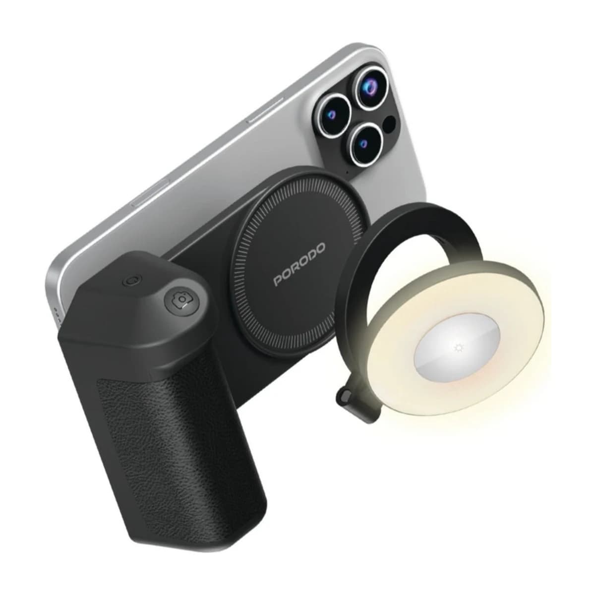 Porodo 4800 mAh SnapCharge MagSafe Power Bank with Camera Shutter Remote, Ring Light, Makeup Mirror, and Grip Stand - Black - Thumbnail Angle 1 | Elmougi Store UAE