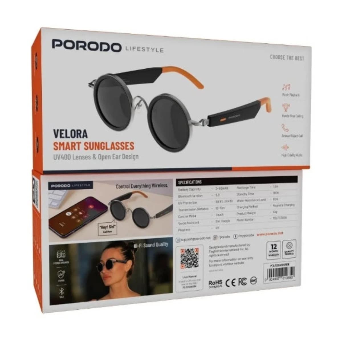 Porodo Lifestyle Velora Smart Sunglasses with Bluetooth 5.2 & Voice Assistant - Thumbnail Angle 4 | Elmougi Store UAE