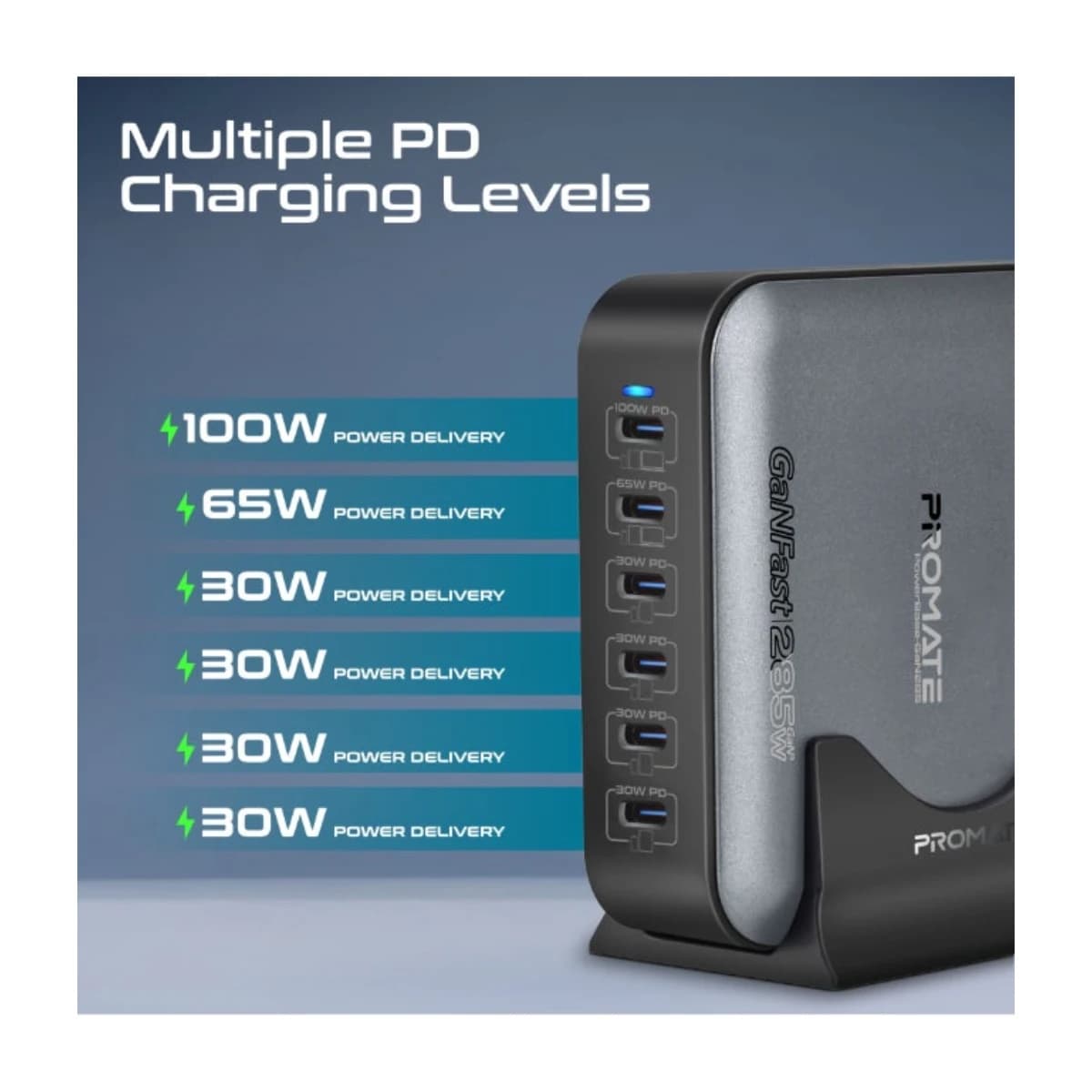 Promate Powerbase Gan285 285W GAN Charging Station 6 Port USB-C Desktop Charger with Pps 100W 65W 30W Outputs Overheat Protection Stand and 1 5m Cable for Macbook iPhone Galaxy UK Grey - Thumbnail Angle 2 | Elmougi Store UAE