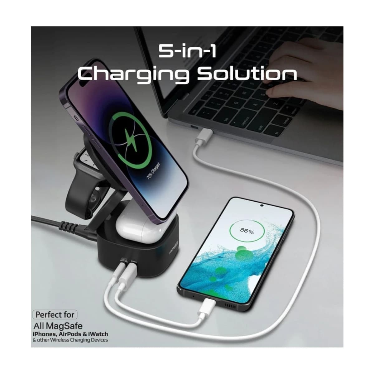 PROMATE Foldable 4-in-1 GaNFast  65W Magsafe Compatible Charging Station with 15W Wireless Pad, AirPods and Apple Watch Fast Charging, Qualcomm QC 3.0 USB-A, 45W USB-C Power Delivery Port, Rubix-65W black - Thumbnail Angle 2 | Elmougi Store UAE