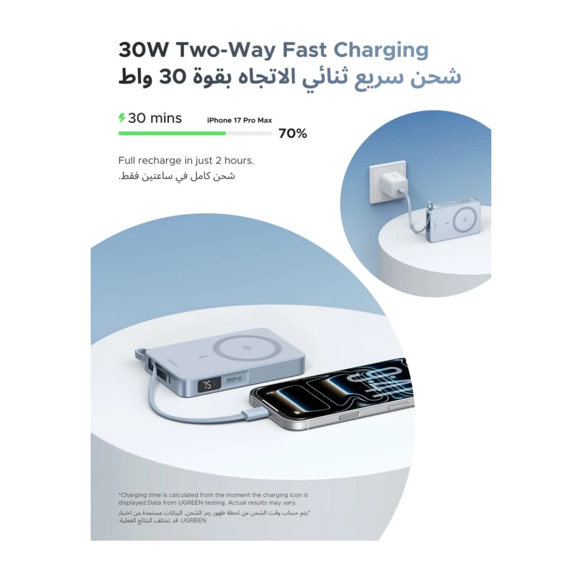 Ugreen 10000mAh Qi2 MagFlow Power Bank with 25W Wireless Charging & 30W PD - Thumbnail Angle 2 | Elmougi Store UAE