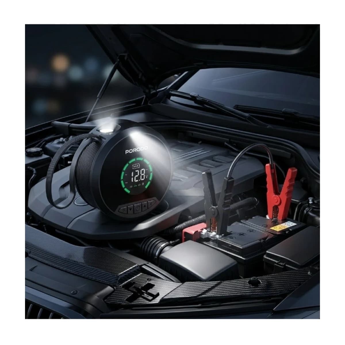 Porodo Gagefit 4-in-1 Car Jump Starter 1000A, Digital Air Inflator 150PSI, Power Bank 8000mAh - Black - Thumbnail Angle 3 | Elmougi Store UAE