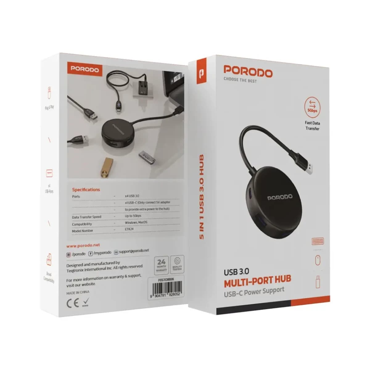Porodo 5-in-1 USB 3.0 Hub with 4x USB-A and 1x USB-C Ports - Black - Thumbnail Angle 2 | Elmougi Store UAE