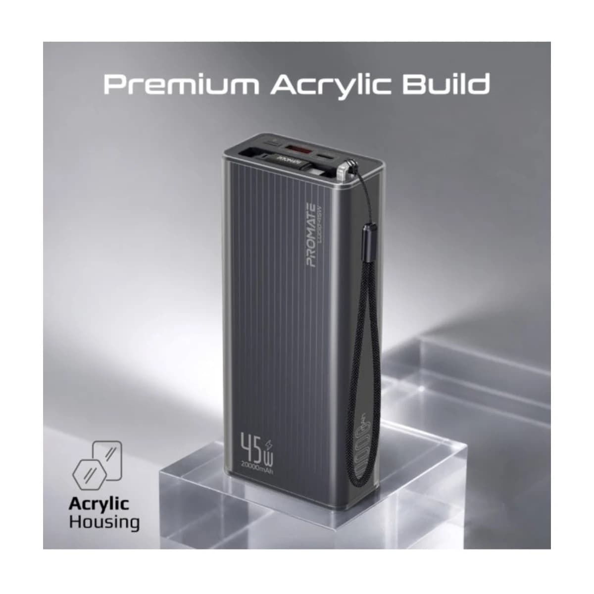 Promate 20000mAh Power Bank Lucid-45W with 45W USB-C PD Fast Charging, Retractable USB-C Cable, LED Digital Display, Triple Device Charging for iPhone, Galaxy, iPad & more - Thumbnail Angle 5 | Elmougi Store UAE