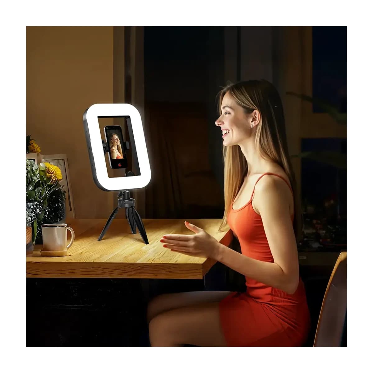 Porodo Lifestyle Handheld Ring Grip Camera Phone Vlogging Light with Desktop Support & Phone Clamp - Black - Thumbnail Angle 3 | Elmougi Store UAE