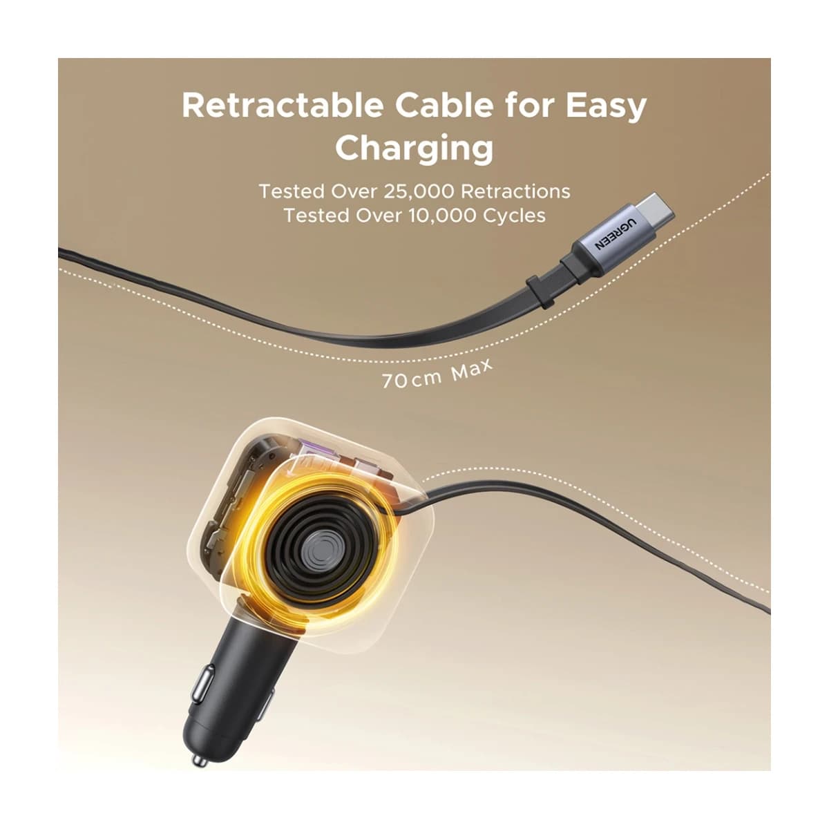 UGREEN 60W Retractable USB-C Car Charger with Cable - Thumbnail Angle 2 | Elmougi Store UAE