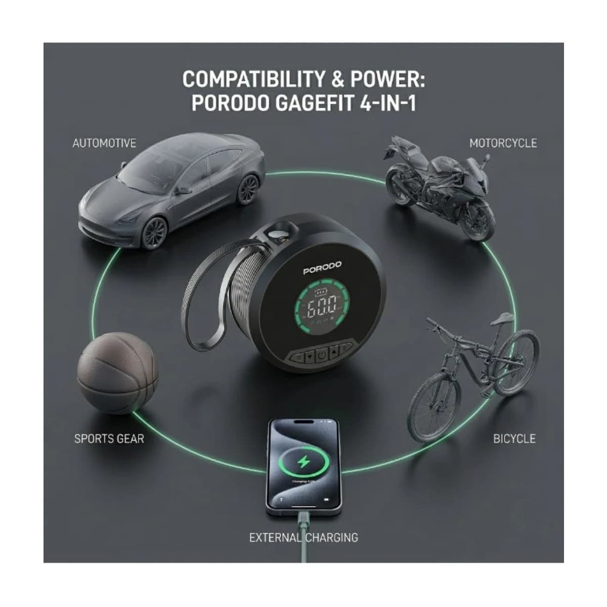 Porodo Gagefit 4-in-1 Car Jump Starter 1000A, Digital Air Inflator 150PSI, Power Bank 8000mAh - Black - Thumbnail Angle 4 | Elmougi Store UAE