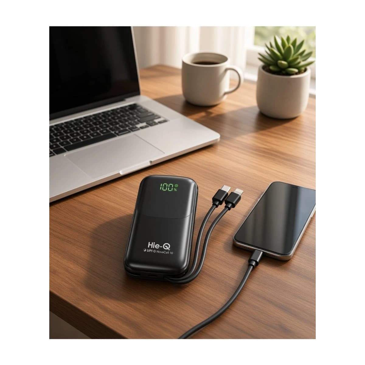 Hie-Q NovaCell 10 10000mAh Portable Power Bank, Built-In USB-C & Lightning Cables, LED Digital Display, Fast Charging, High-Capacity Battery Charger, Compact Dual-Cable Power Bank for iPhone, Android Smartphones, Tablets, Travel, Office, Outdoor Activities & Daily Use - Thumbnail Angle 3 | Elmougi Store UAE