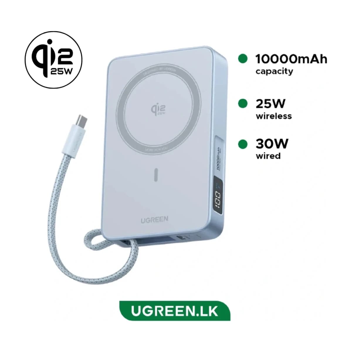 Ugreen 10000mAh Qi2 MagFlow Power Bank with 25W Wireless Charging & 30W PD - Thumbnail Angle 1 | Elmougi Store UAE
