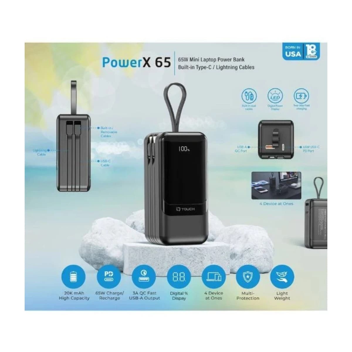 IQ TOUCH 65W Mini Laptop Power Bank 20000mAh with Built-in Cables - Thumbnail Angle 2 | Elmougi Store UAE