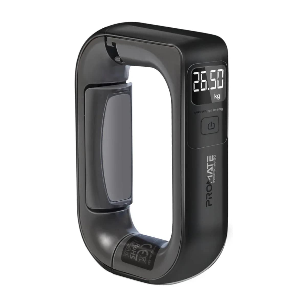 Promate InstaScale-50 Digital Luggage Scale 50kg Max Capacity, High Precision 50g Increments, Backlit LCD Display, Dual Units (kg/lb), Ergonomic Grip, Compact Travel Weighing Tool Black - Thumbnail Angle 1 | Elmougi Store UAE