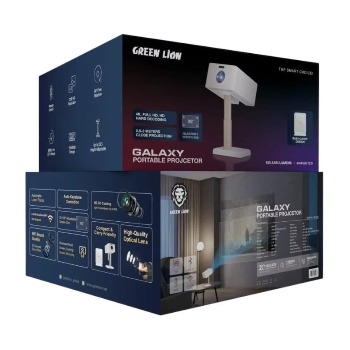 Green Lion Galaxy Smart Projector with Android 13 OS, 4K Decoding, Auto Focus & Keystone, White - Thumbnail Angle 4 | Elmougi Store UAE