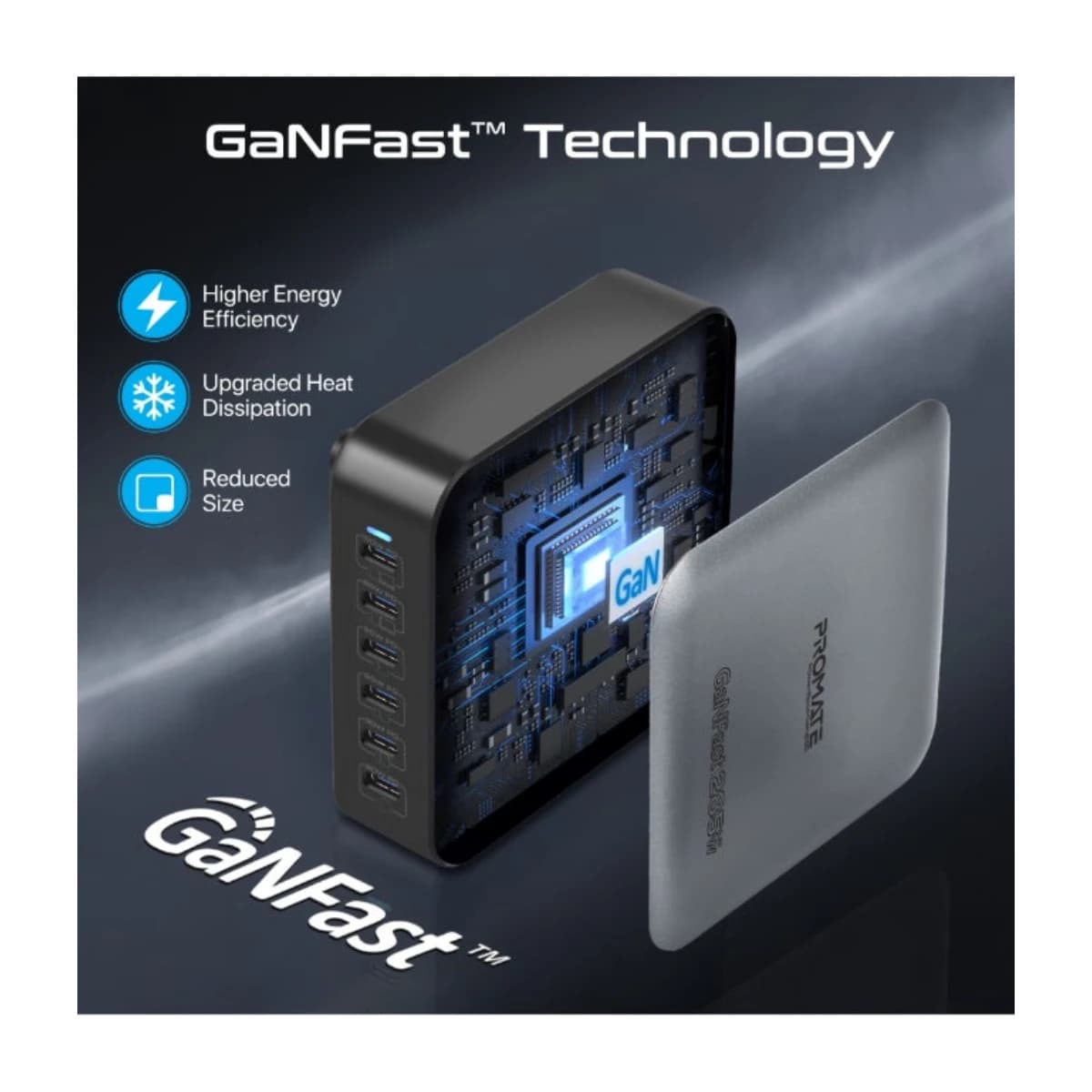 Promate Powerbase Gan285 285W GAN Charging Station 6 Port USB-C Desktop Charger with Pps 100W 65W 30W Outputs Overheat Protection Stand and 1 5m Cable for Macbook iPhone Galaxy UK Grey - Thumbnail Angle 3 | Elmougi Store UAE