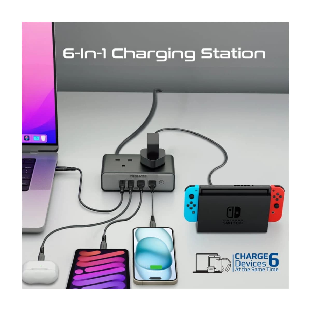 Promate 65W Power Delivery GaNFast™ Charging Station with 3250W Dual AC Socket - Thumbnail Angle 2 | Elmougi Store UAE