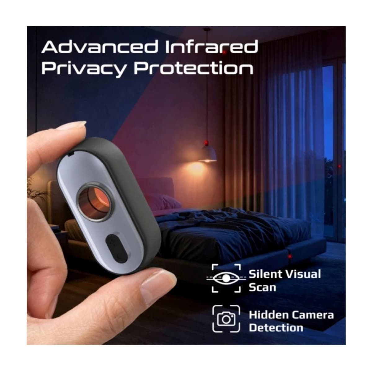 PROMATE InfraSense Portable Hidden Camera Detector with Infrared Lens Detection, Red Light Scanner, 80dB Anti-Theft Alarm, Emergency Siren, LED Flashlight, Rechargeable Privacy Protection Device for Travel, Hotels - Thumbnail Angle 2 | Elmougi Store UAE