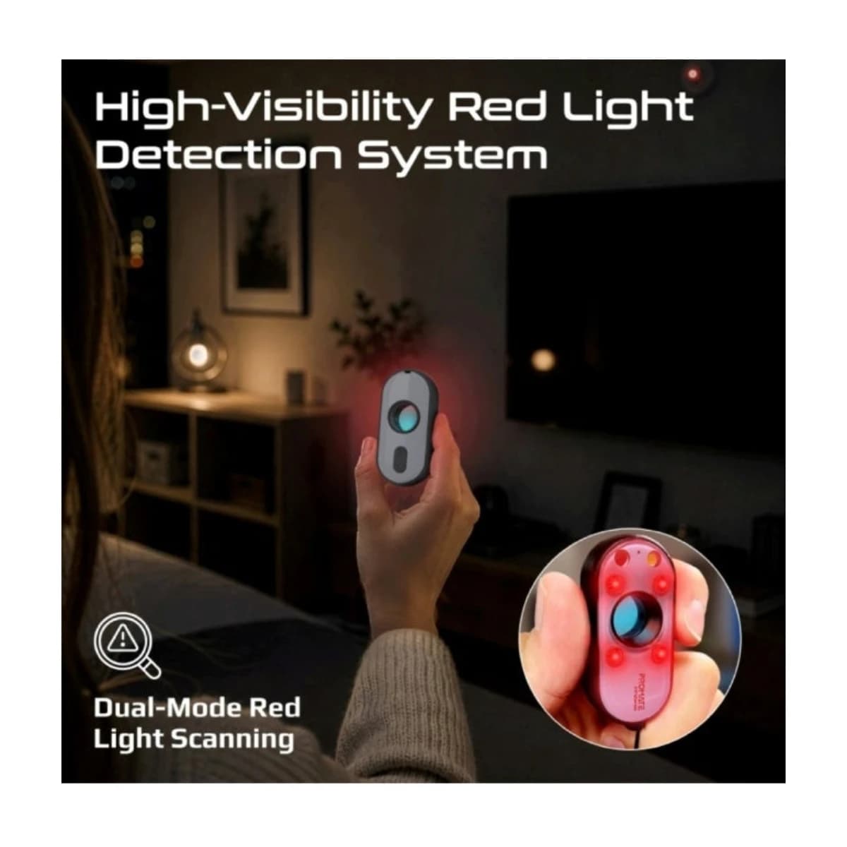 PROMATE InfraSense Portable Hidden Camera Detector with Infrared Lens Detection, Red Light Scanner, 80dB Anti-Theft Alarm, Emergency Siren, LED Flashlight, Rechargeable Privacy Protection Device for Travel, Hotels - Thumbnail Angle 3 | Elmougi Store UAE
