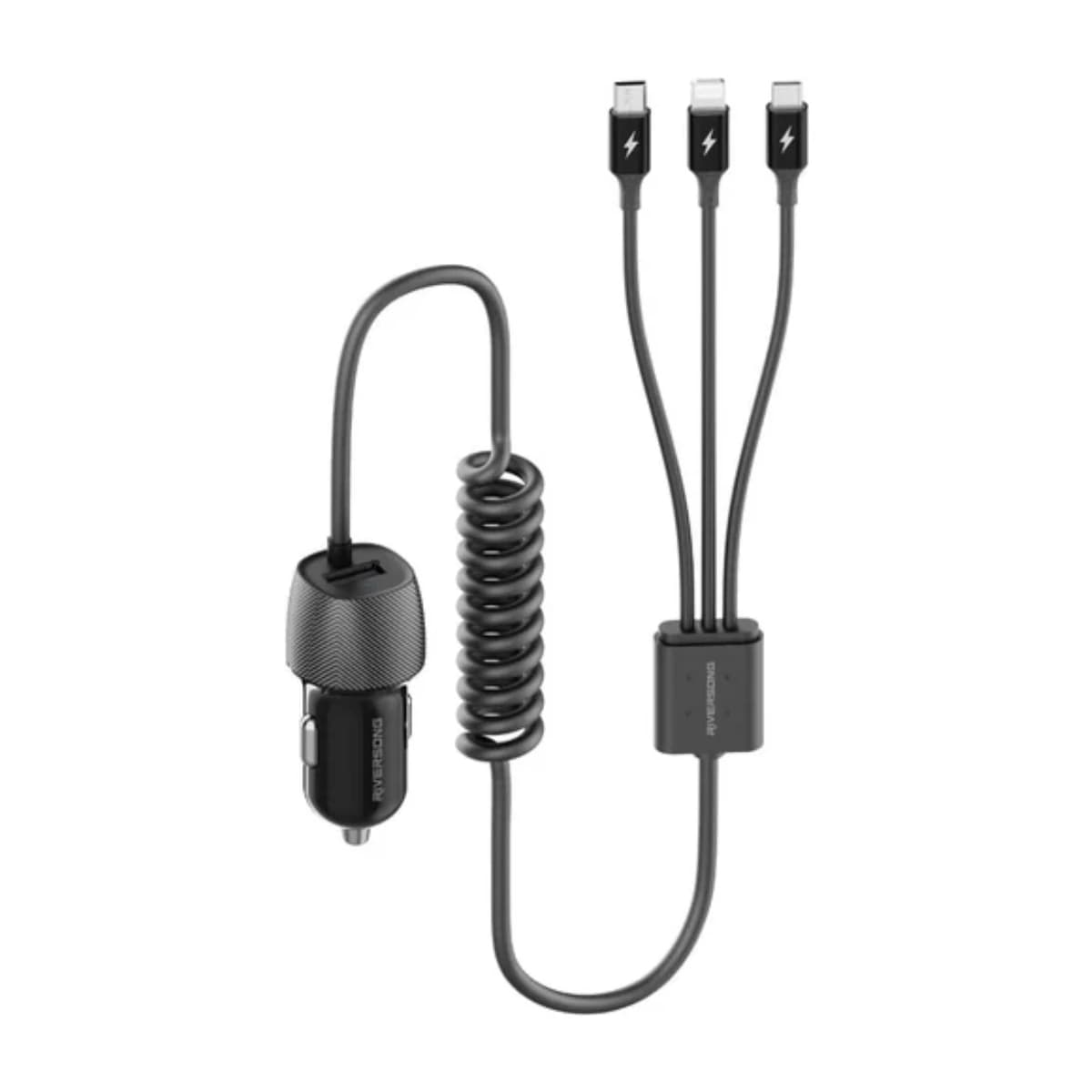 Riversong CC17C 17W Car Charger with Built-in 3-in-1 Cable (Black) - Thumbnail Angle 2 | Elmougi Store UAE
