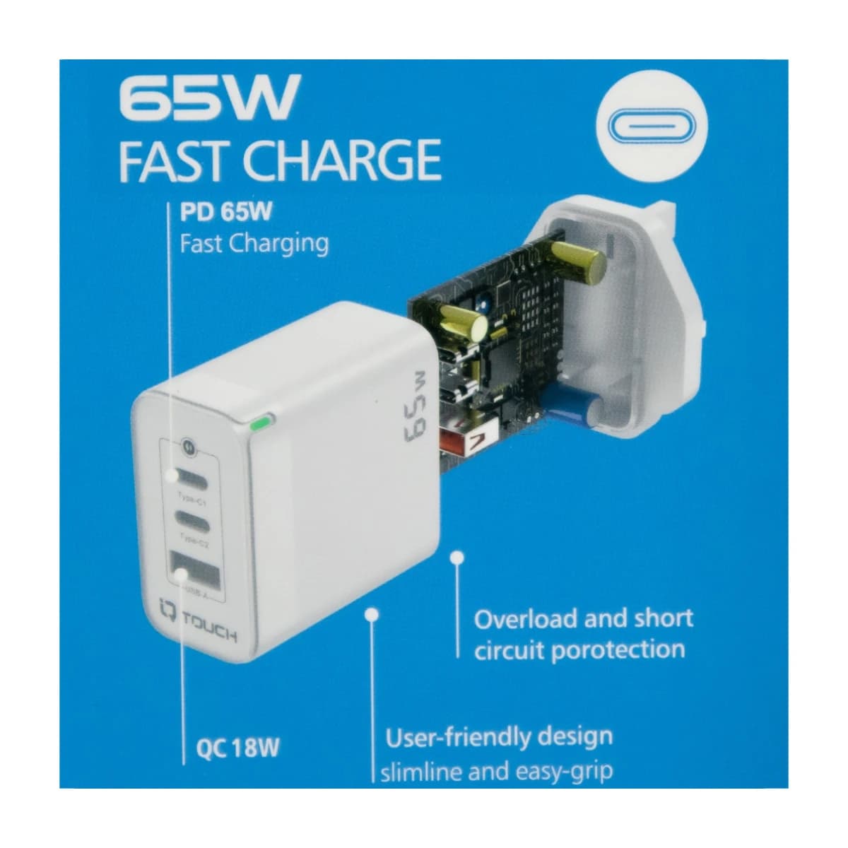 IQ TOUCH 65W Compact 3-Output GaN Charger (2x USB-C PD 65W, 1x USB-A 18W) - White - Thumbnail Angle 3 | Elmougi Store UAE