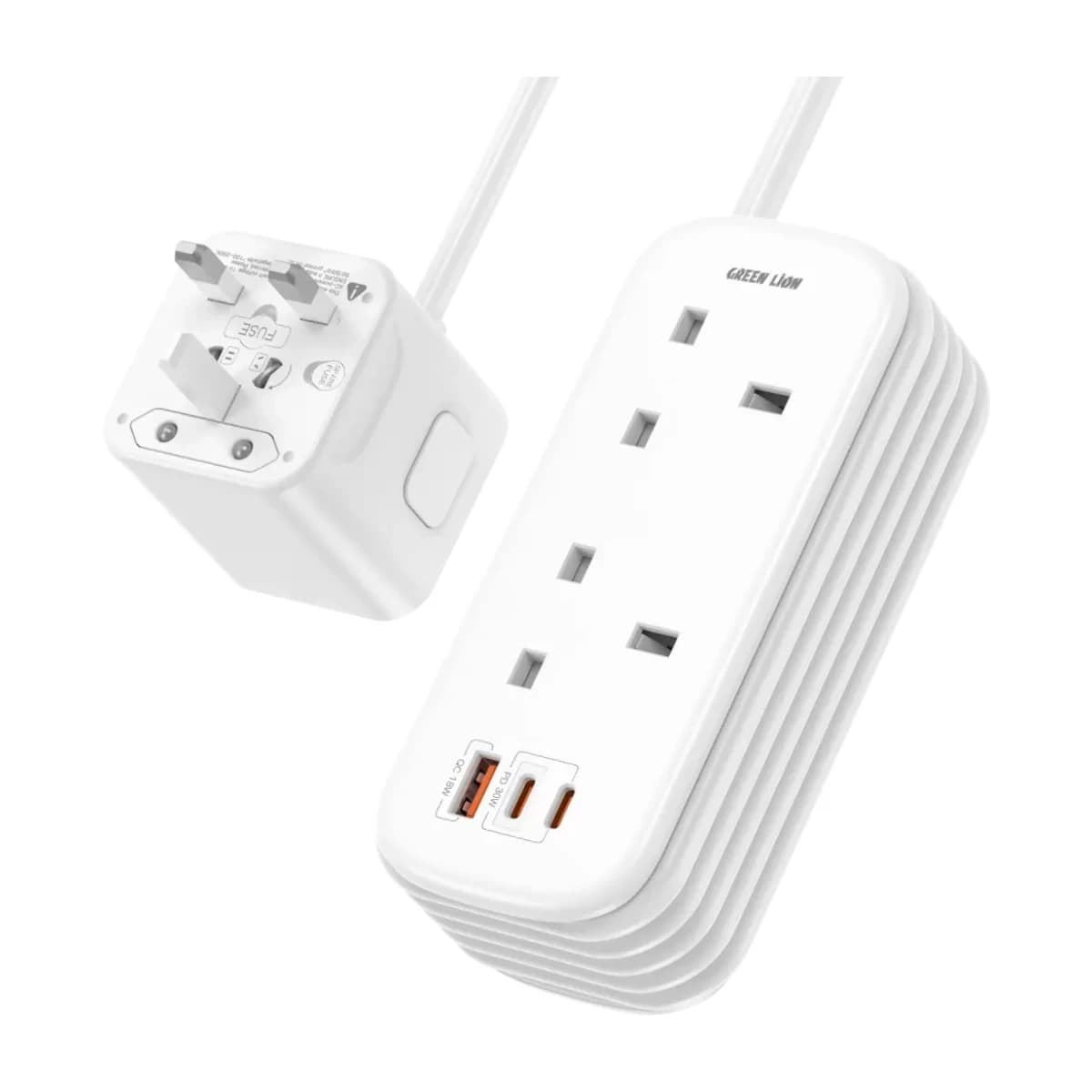 GREEN LION Power Strip 5-in-1 with 2 UK AC Outlets 2 USB-C 1 USB-A PD 30W Fast Charging 2500W 1.8m Cord GS-600 - Thumbnail Angle 1 | Elmougi Store UAE