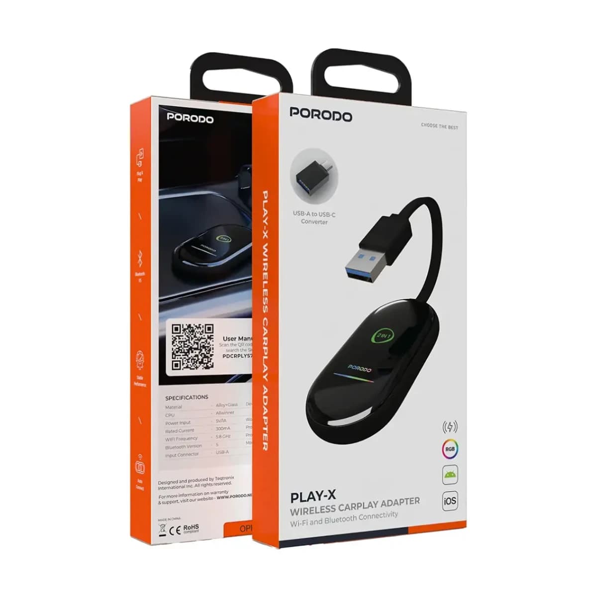 Porodo Play X Wireless CarPlay Adapter with Wi-Fi and Bluetooth Connectivity - Black - Thumbnail Angle 4 | Elmougi Store UAE