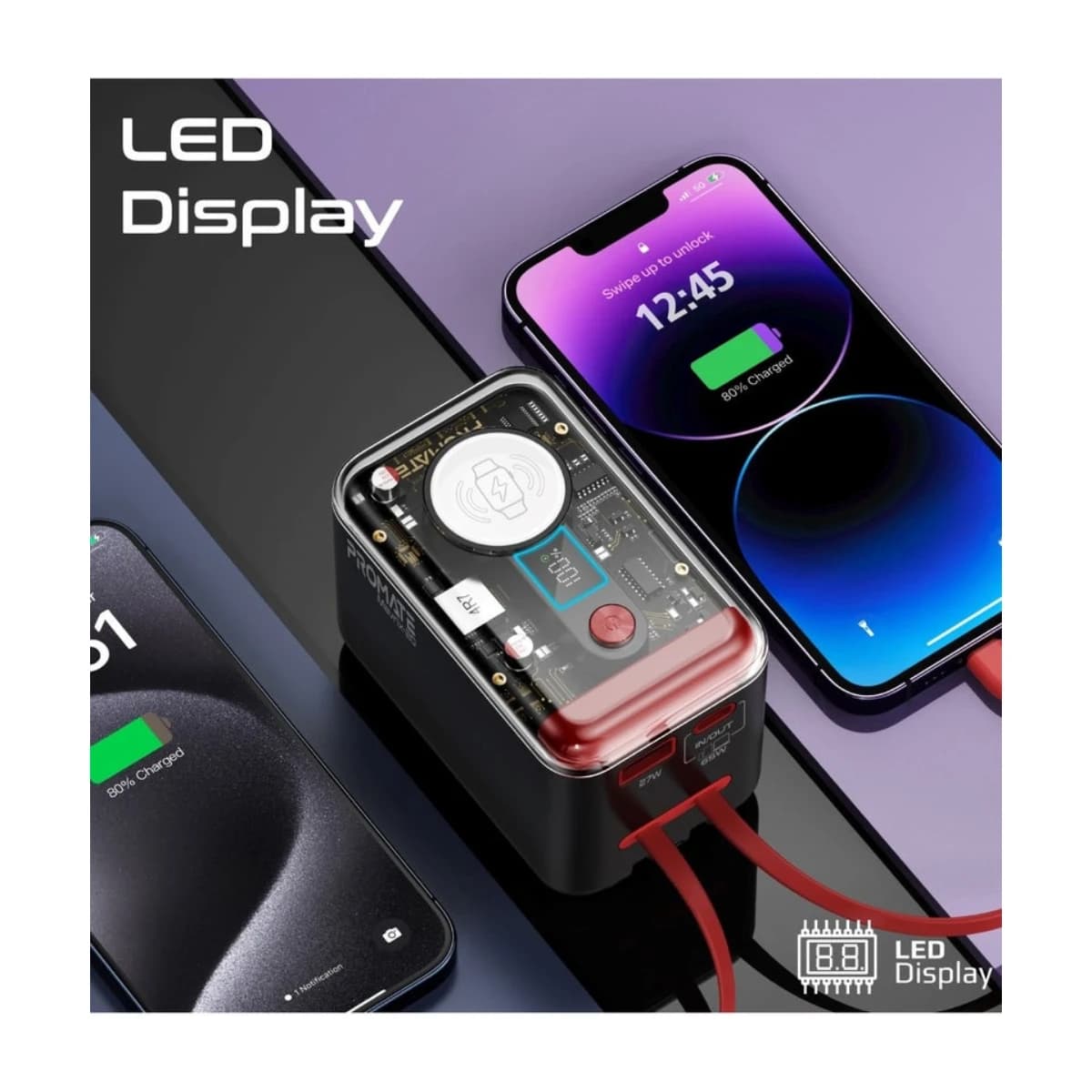 Promate 20000 MAH Mavrix 20 Power Bank 20000mAh 5 in 1 Charger with Built in USB-C Lightning Cable PD 65W USB-C Port 27W USB A Port 3W Apple Watch Charger LED Display Multi Protect Safety Systemfor iPad iPhone 17 17 Pro Max Samsung S26 Ultra Red - Black - Thumbnail Angle 2 | Elmougi Store UAE