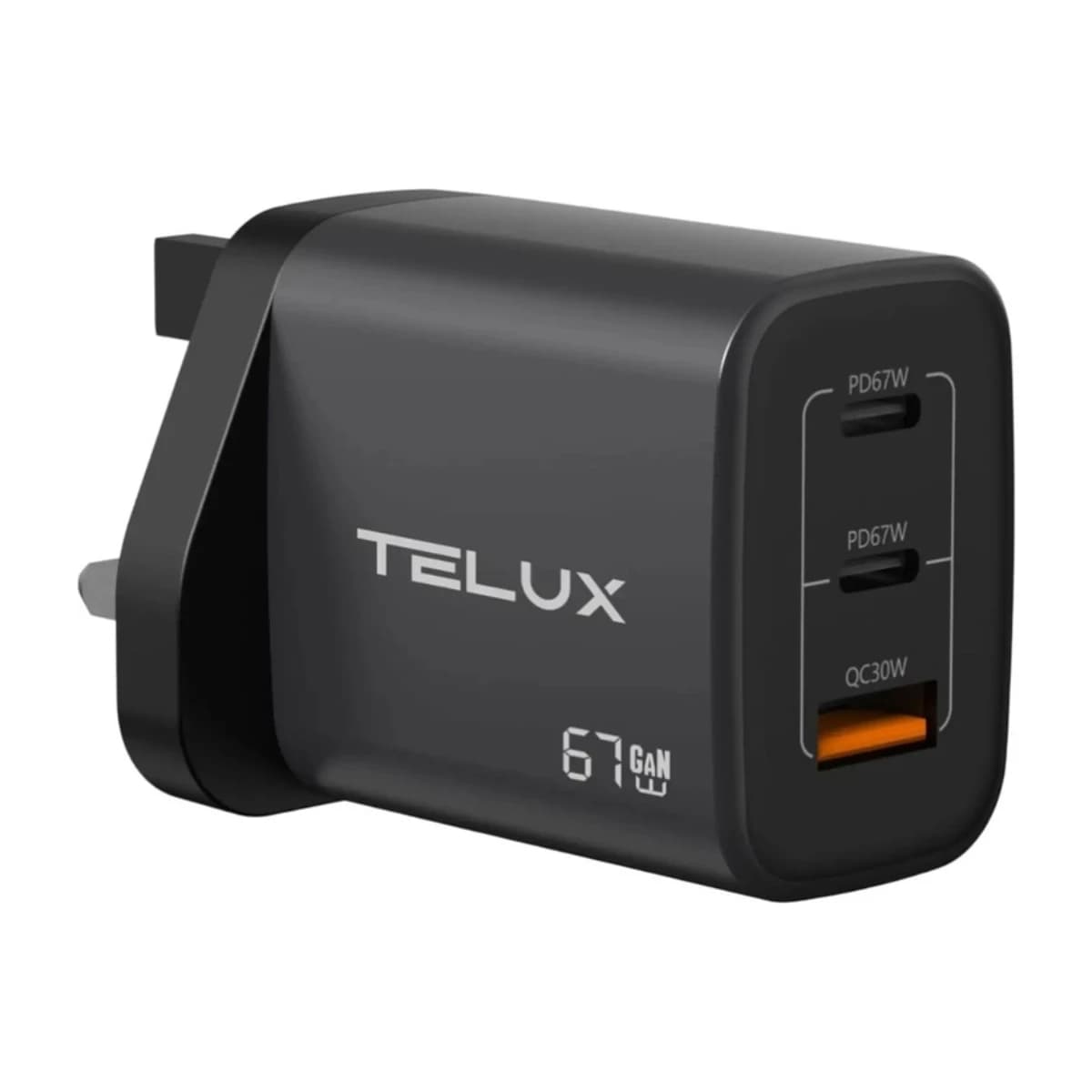 Telux Voltflow PD67 67W GaN Wall Charger with 1 USB-C and 1 USB-A Port - Grey - Thumbnail Angle 1 | Elmougi Store UAE