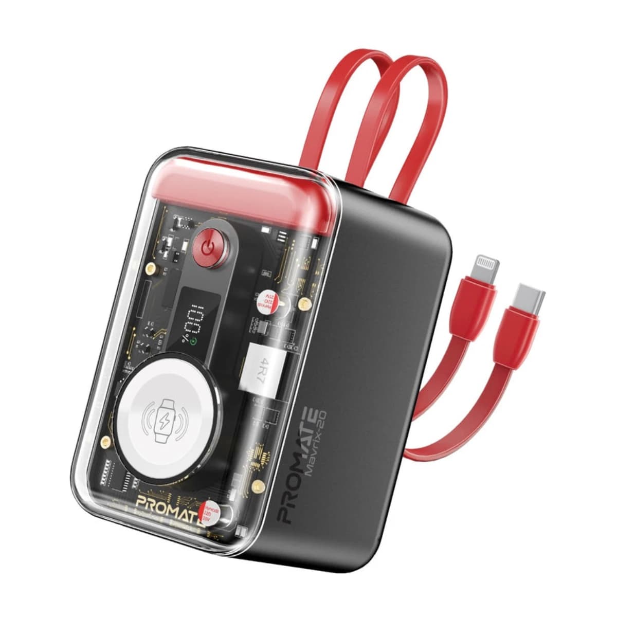 Promate 20000 MAH Mavrix 20 Power Bank 20000mAh 5 in 1 Charger with Built in USB-C Lightning Cable PD 65W USB-C Port 27W USB A Port 3W Apple Watch Charger LED Display Multi Protect Safety Systemfor iPad iPhone 17 17 Pro Max Samsung S26 Ultra Red - Black - Thumbnail Angle 1 | Elmougi Store UAE