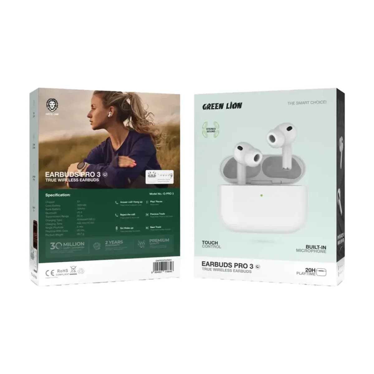 Green Lion Earbuds Pro 3 True Wireless Earbuds - White - Thumbnail Angle 2 | Elmougi Store UAE