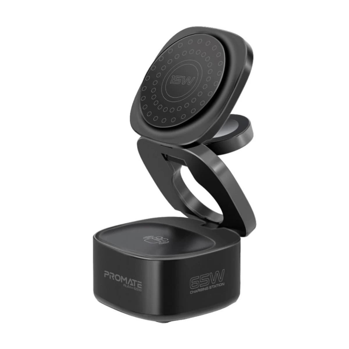 PROMATE Foldable 4-in-1 GaNFast  65W Magsafe Compatible Charging Station with 15W Wireless Pad, AirPods and Apple Watch Fast Charging, Qualcomm QC 3.0 USB-A, 45W USB-C Power Delivery Port, Rubix-65W black - Thumbnail Angle 1 | Elmougi Store UAE