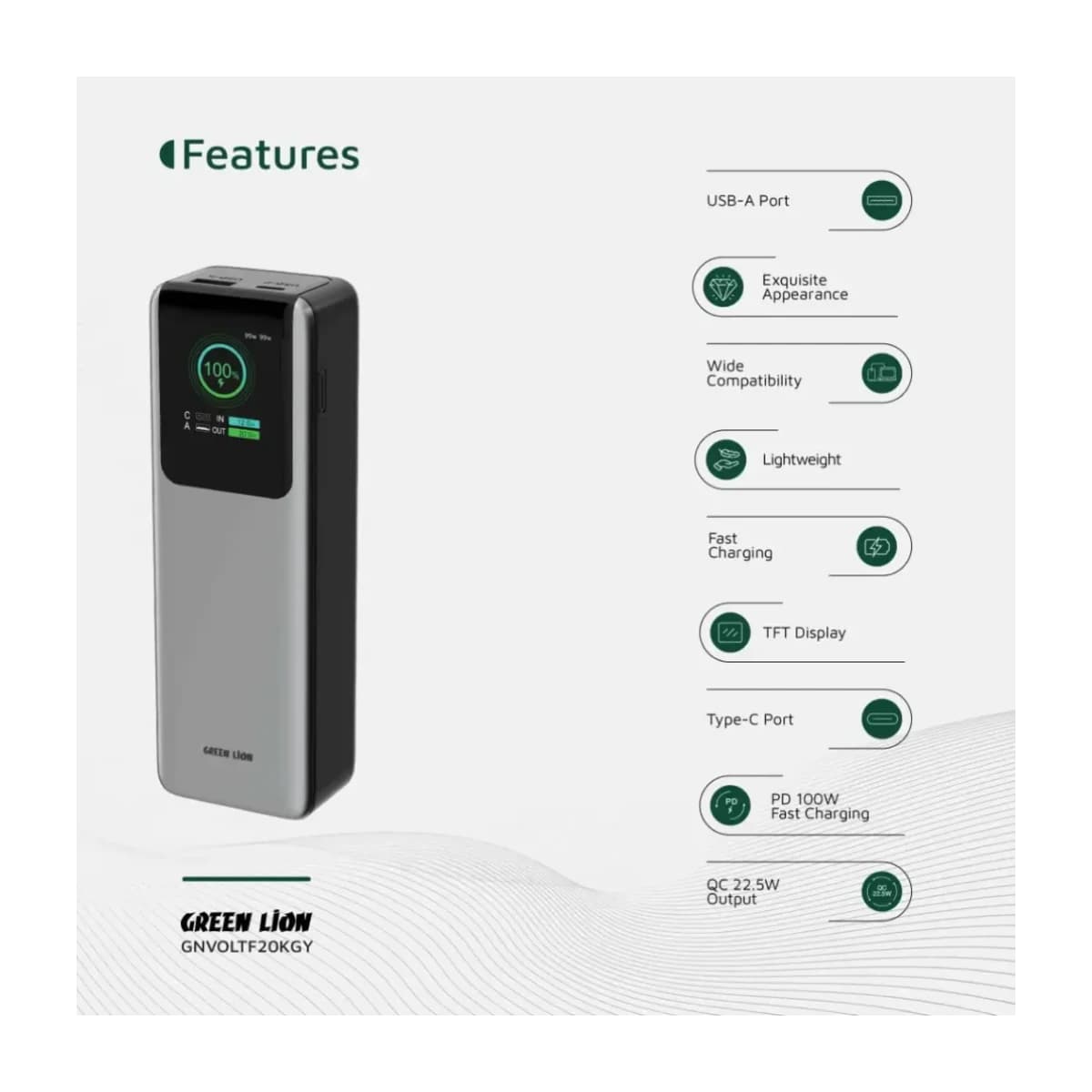 Green Lion Voltura 20000mAh Power Bank PD100W - Grey - Thumbnail Angle 3 | Elmougi Store UAE