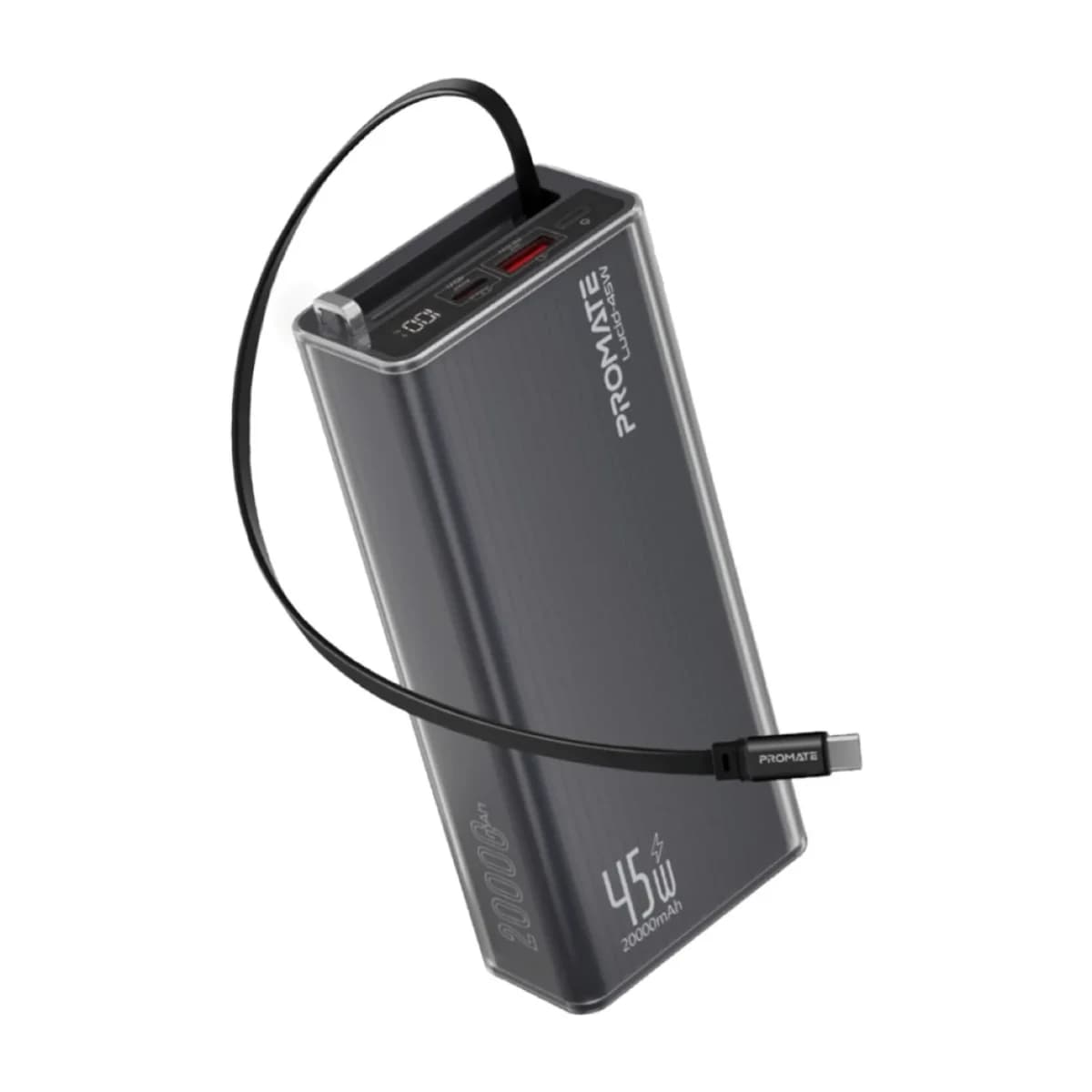 Promate 20000mAh Power Bank Lucid-45W with 45W USB-C PD Fast Charging, Retractable USB-C Cable, LED Digital Display, Triple Device Charging for iPhone, Galaxy, iPad & more - Thumbnail Angle 1 | Elmougi Store UAE
