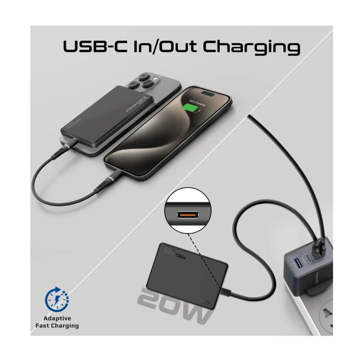 PROMATE 5000 mAh Super Slim Power Bank With 15W MagSafe Charging, 20W USB-C Port, And Safety Protection System, USB-C Input/Output Port Black - Thumbnail Angle 2 | Elmougi Store UAE