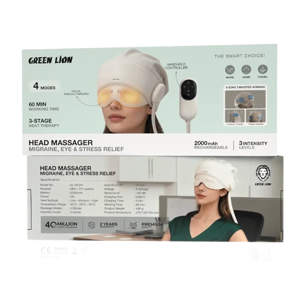 Green Lion Head Massager for Migraine, Eye Stress Relief - Beige - Thumbnail Angle 2 | Elmougi Store UAE