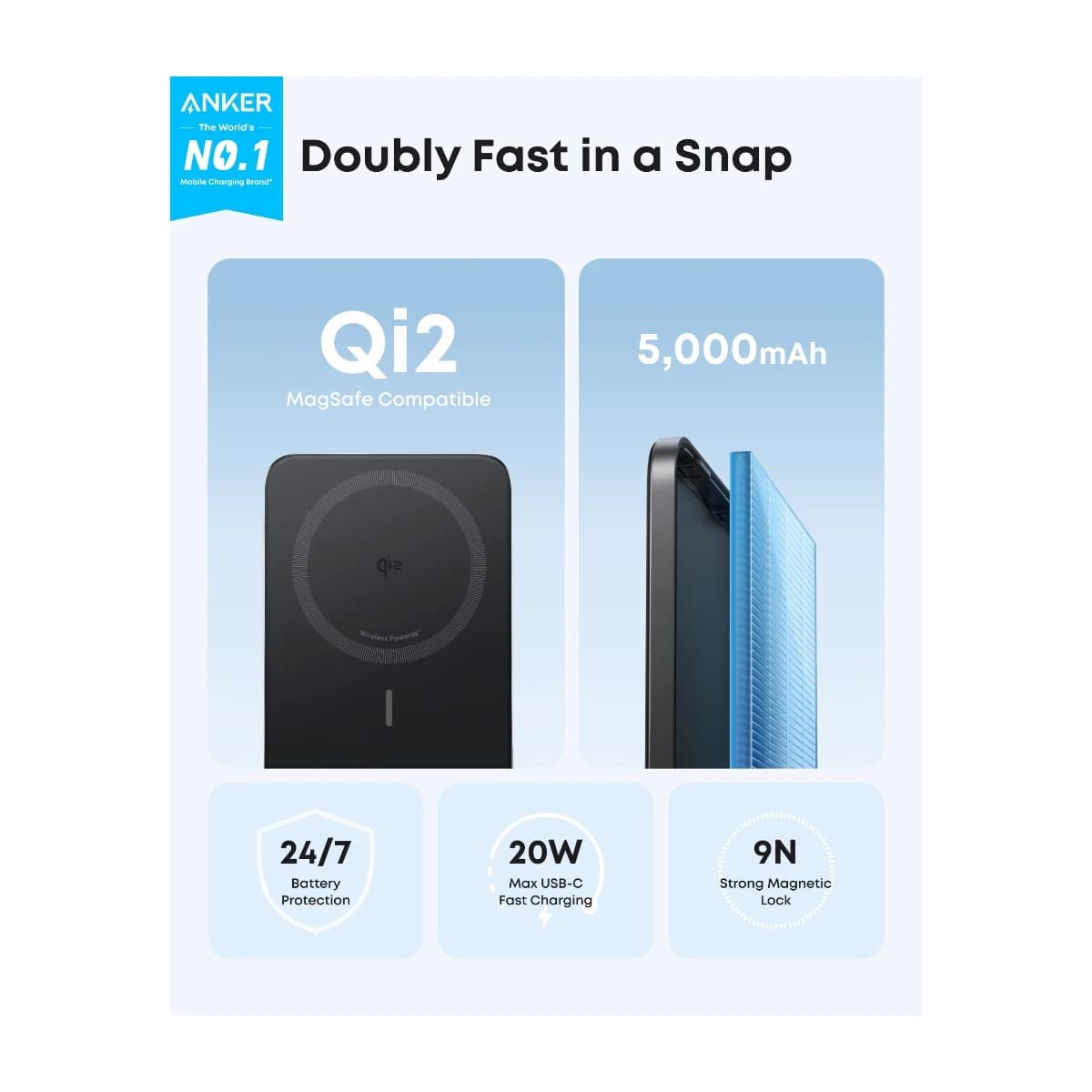 Anker Nano Power Bank 5,000mAh Magnetic Qi2 Certified 15W Max - Thumbnail Angle 4 | Elmougi Store UAE