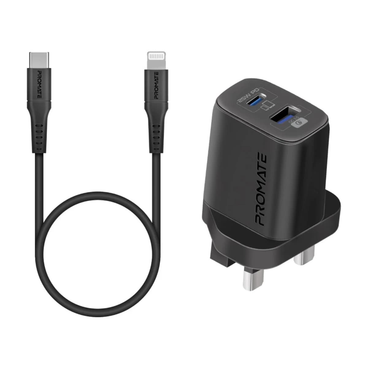 Promate iPhone 17 Charger USB-C Adapter and Cable Set for iPhone 17 Pro with Dual Port AC Charger 25W Power Delivery 18W QC 3 0 27W Type C to Lightning Silicone Cable Data Sync and Adaptive Charging - Black - Thumbnail Angle 1 | Elmougi Store UAE