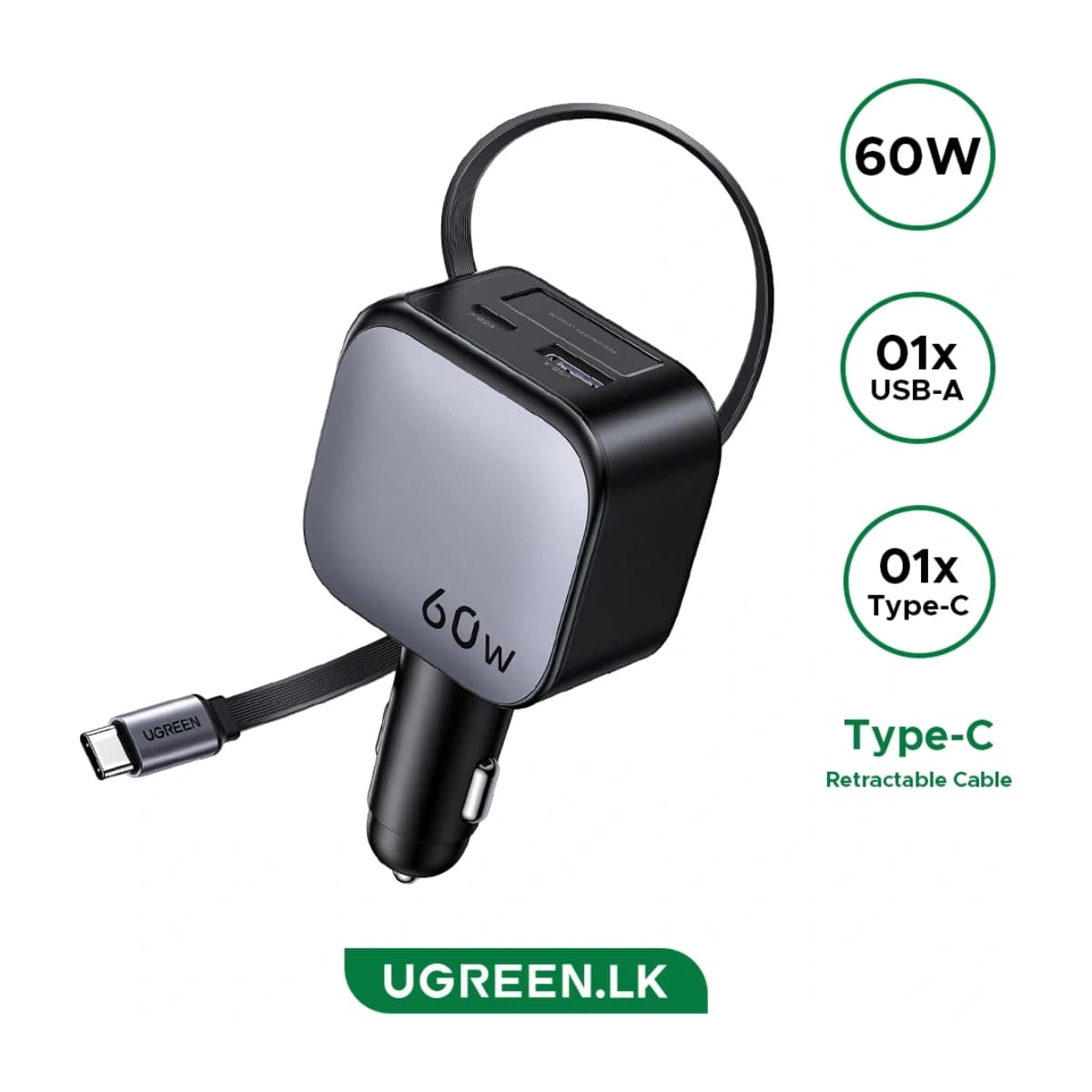UGREEN 60W Retractable USB-C Car Charger with Cable - Thumbnail Angle 1 | Elmougi Store UAE