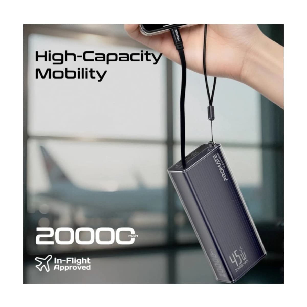 Promate 20000mAh Power Bank Lucid-45W with 45W USB-C PD Fast Charging, Retractable USB-C Cable, LED Digital Display, Triple Device Charging for iPhone, Galaxy, iPad & more - Thumbnail Angle 4 | Elmougi Store UAE