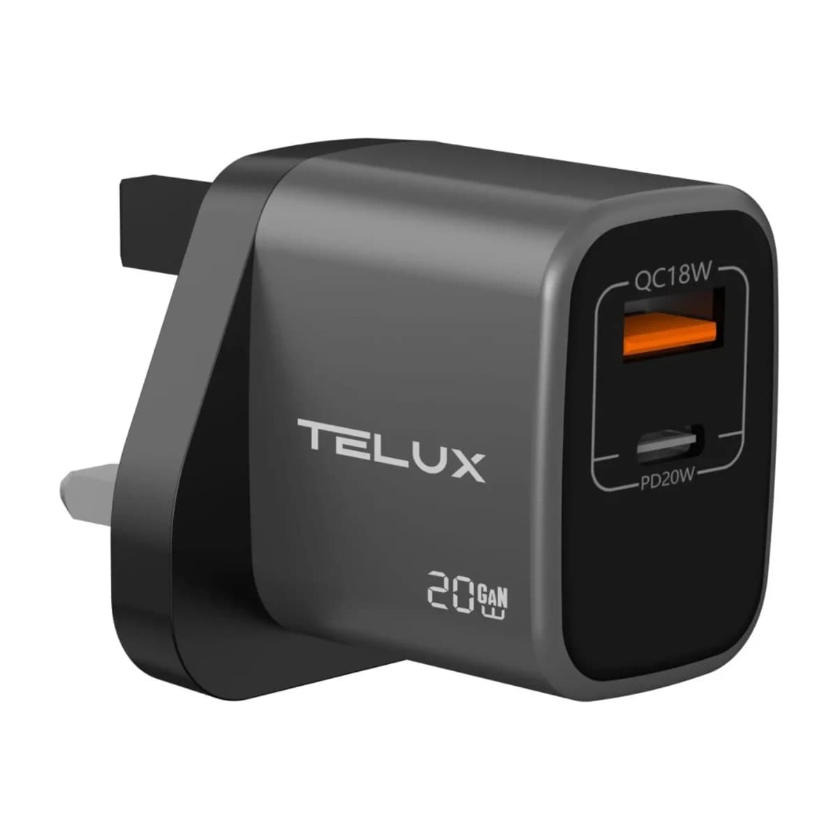 Telux Voltflow PD20 Wall Charger 1A1C Grey - Thumbnail Angle 1 | Elmougi Store UAE