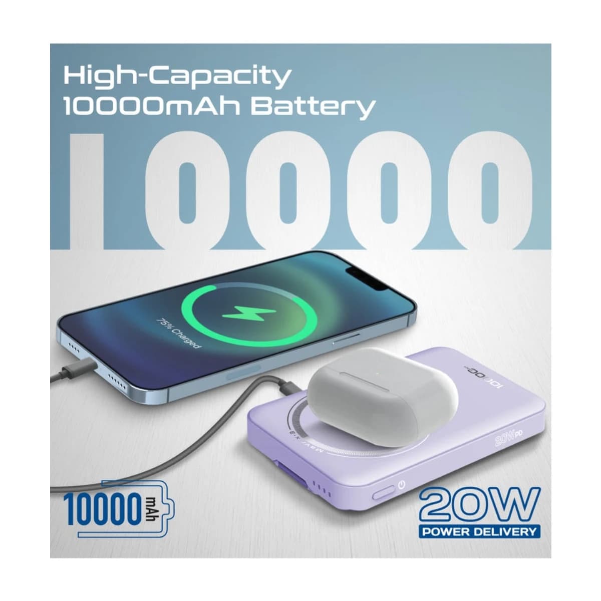 Promate10000 MAH Mavrix 3 10000mAh Magsafe Power Bank with Apple Watch Charger 15W Wireless 20W USB-C PD Fast Charging N52 Magnetic Kickstand Tsa Approved for iPhone 17 17pro 16 Samsung S26 S25 Purple - Purple - Thumbnail Angle 4 | Elmougi Store UAE