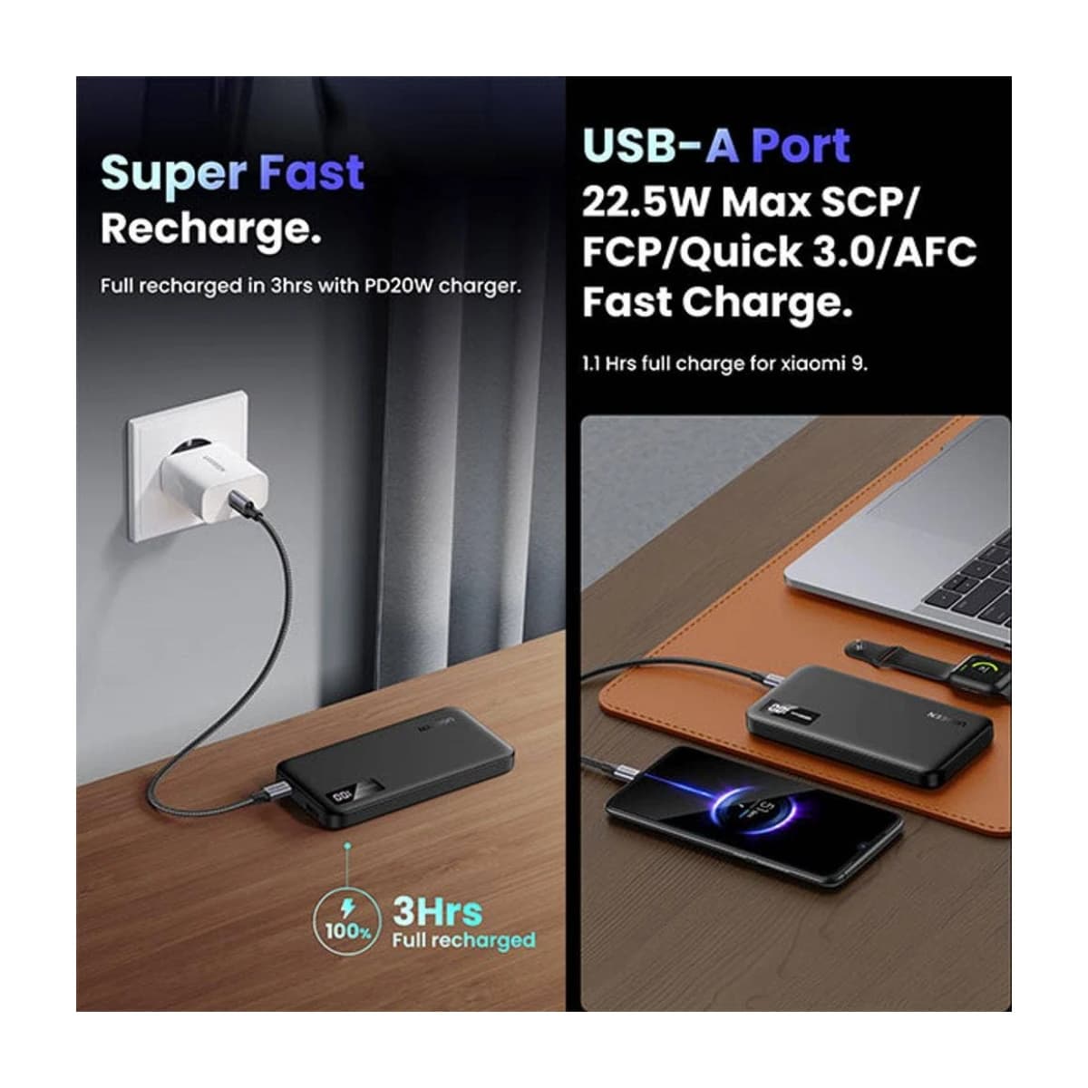 UGREEN 10000mAh Power Bank, Fast Charging Portable Battery Pack - Black - Thumbnail Angle 3 | Elmougi Store UAE