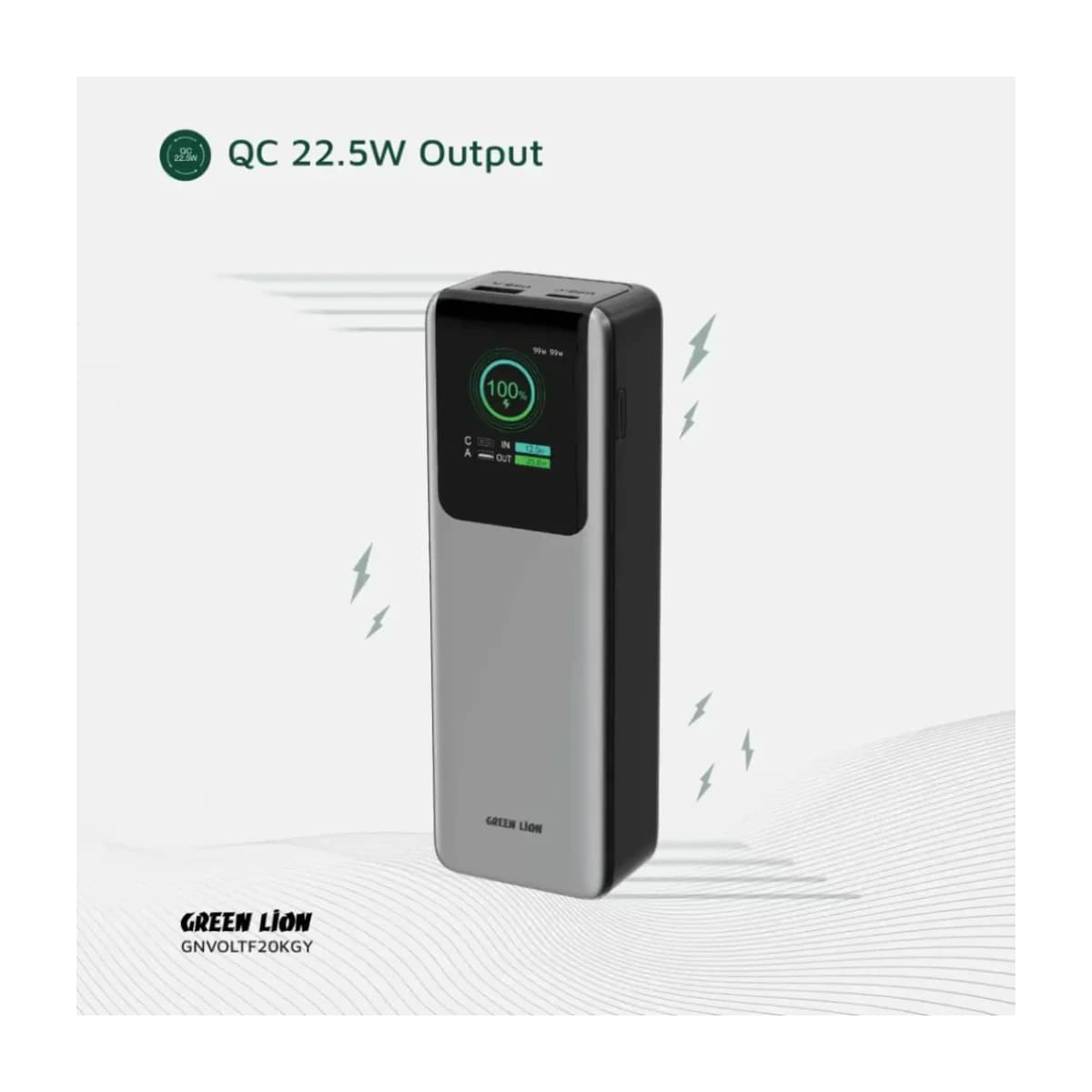 Green Lion Voltura 20000mAh Power Bank PD100W - Grey - Thumbnail Angle 2 | Elmougi Store UAE