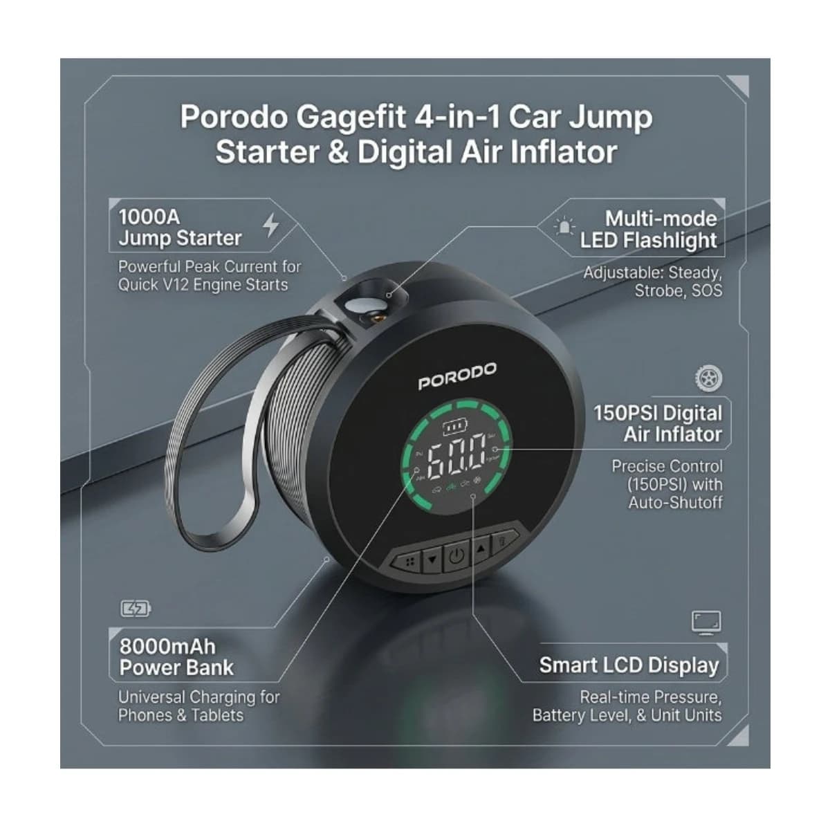Porodo Gagefit 4-in-1 Car Jump Starter 1000A, Digital Air Inflator 150PSI, Power Bank 8000mAh - Black - Thumbnail Angle 2 | Elmougi Store UAE